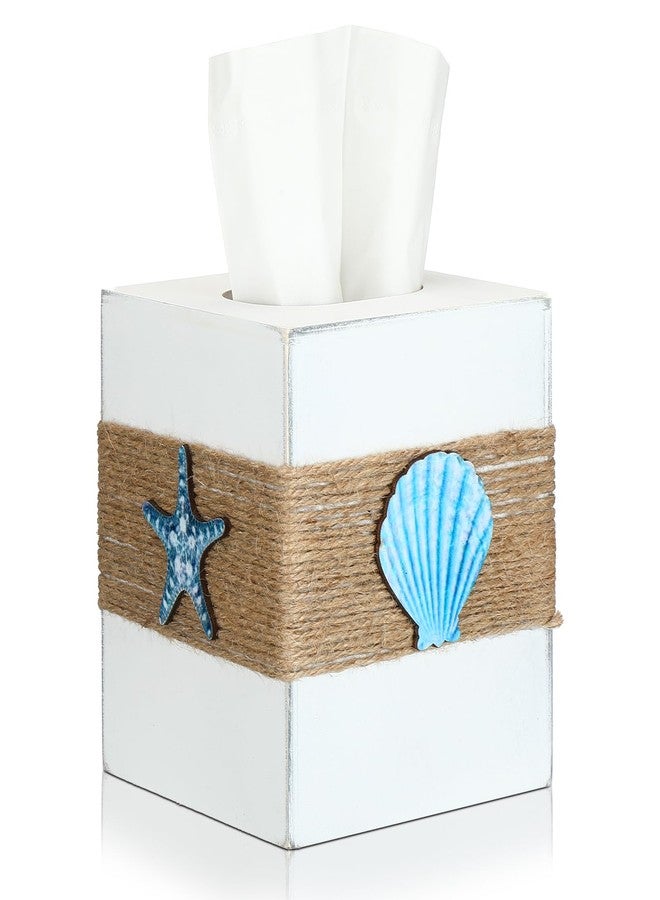 Threehoney Wood Tissue Box Cover Square Beach Farmhouse Bathroom Accessories Conch Starfish White Tissue Box Holder with Slide Out Bottom Rustic Ocean Room Decor Coastal Napkin Holder - Image 1