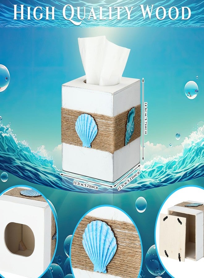 Threehoney Wood Tissue Box Cover Square Beach Farmhouse Bathroom Accessories Conch Starfish White Tissue Box Holder with Slide Out Bottom Rustic Ocean Room Decor Coastal Napkin Holder - Image 2