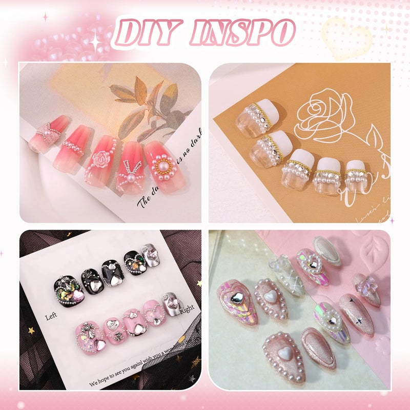 BELLEBOOST 2 Boxes Flatback Pearls (White+Beige) and Silver+Gold Nail Beads for Nail Art with Rhinestone Glue Gel, Pearl Nail Charms and Gems and Small Round Caviar Beads for Acrylic Nail Tips Manicure - Image 4