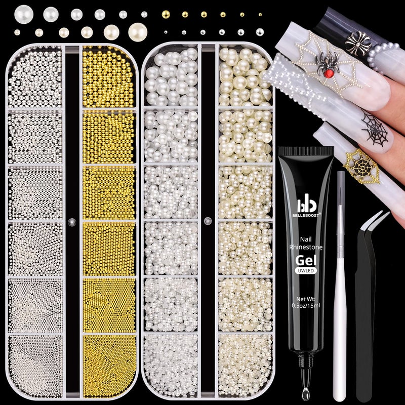 BELLEBOOST 2 Boxes Flatback Pearls (White+Beige) and Silver+Gold Nail Beads for Nail Art with Rhinestone Glue Gel, Pearl Nail Charms and Gems and Small Round Caviar Beads for Acrylic Nail Tips Manicure - Image 1