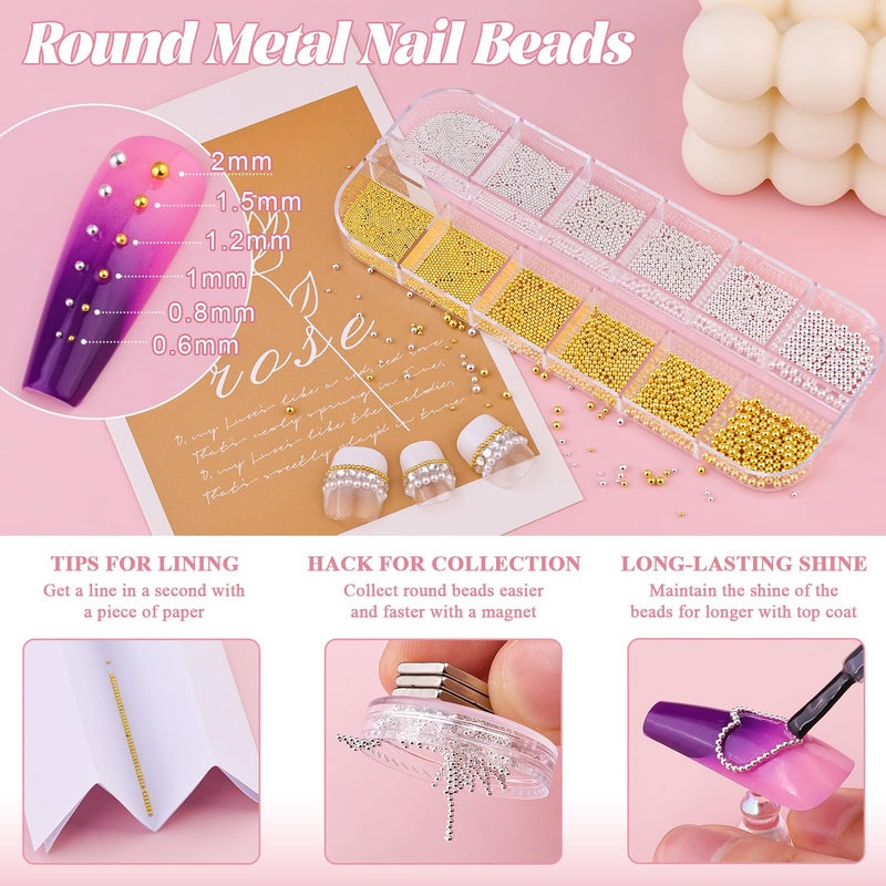 BELLEBOOST 2 Boxes Flatback Pearls (White+Beige) and Silver+Gold Nail Beads for Nail Art with Rhinestone Glue Gel, Pearl Nail Charms and Gems and Small Round Caviar Beads for Acrylic Nail Tips Manicure - Image 3