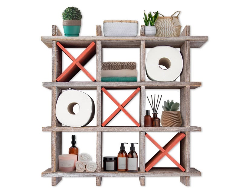 Comfify Rustic TicTacToe Toilet Paper Holder for Bathroom  Rustic Storage Shelves for Toilet Tissue in Distressed White Color  Freestanding or Wall Mount Bath Shelves for Your Farmhouse Dcor