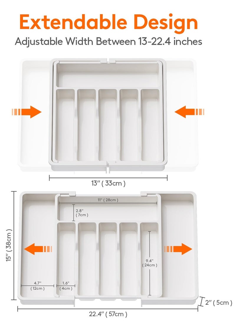 Dovva Silverware Drawer Organizer, Expandable Utensil Tray for Kitchen, BPA Free Flatware and Cutlery Holder, Adjustable Plastic Storage for Spoons Forks Knives, Large, White  - Image 3