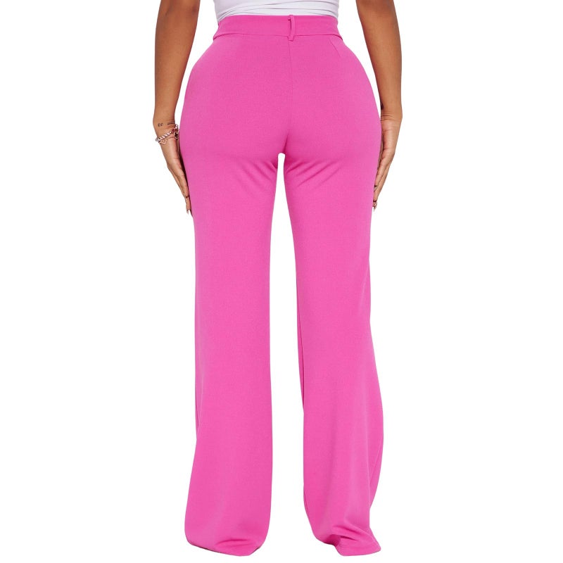 Charyeah Women Stretchy Dress Pants Wrinkle Free Work Pants Fashion Button Wide Leg Pants Business Casual Trousers 2025 (US, Alpha, Small, Regular, Regular, Pink) - Image 2