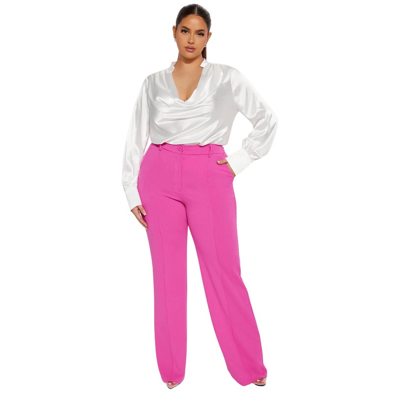 Charyeah Women Stretchy Dress Pants Wrinkle Free Work Pants Fashion Button Wide Leg Pants Business Casual Trousers 2025 (US, Alpha, Small, Regular, Regular, Pink) - Image 3