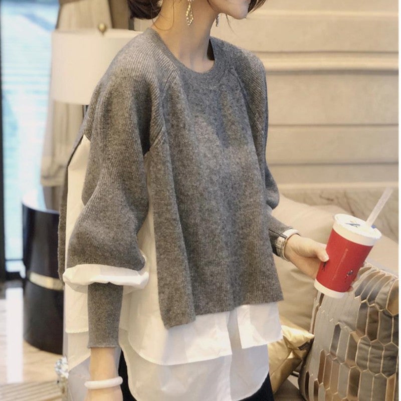 Mock Layered Shirt Sweater Knit Top for Women Autumn Winter Gray - Image 3