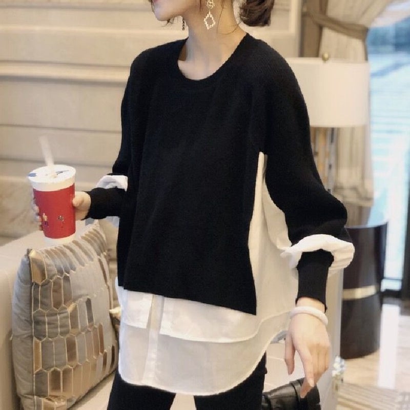Mock Layered Shirt Sweater Knit Top for Women Autumn Winter Gray - Image 4
