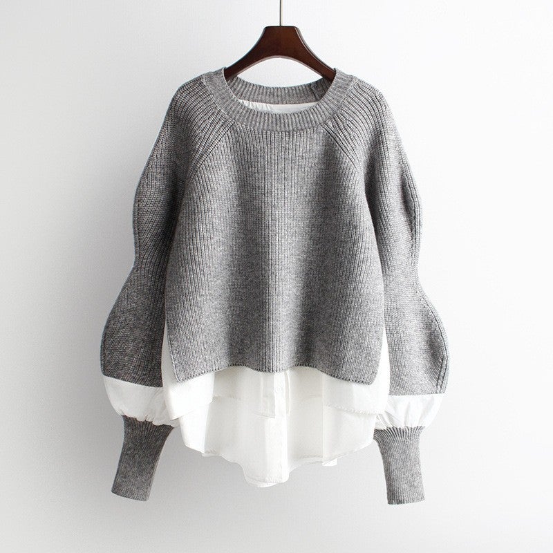 Mock Layered Shirt Sweater Knit Top for Women Autumn Winter Gray - Image 1