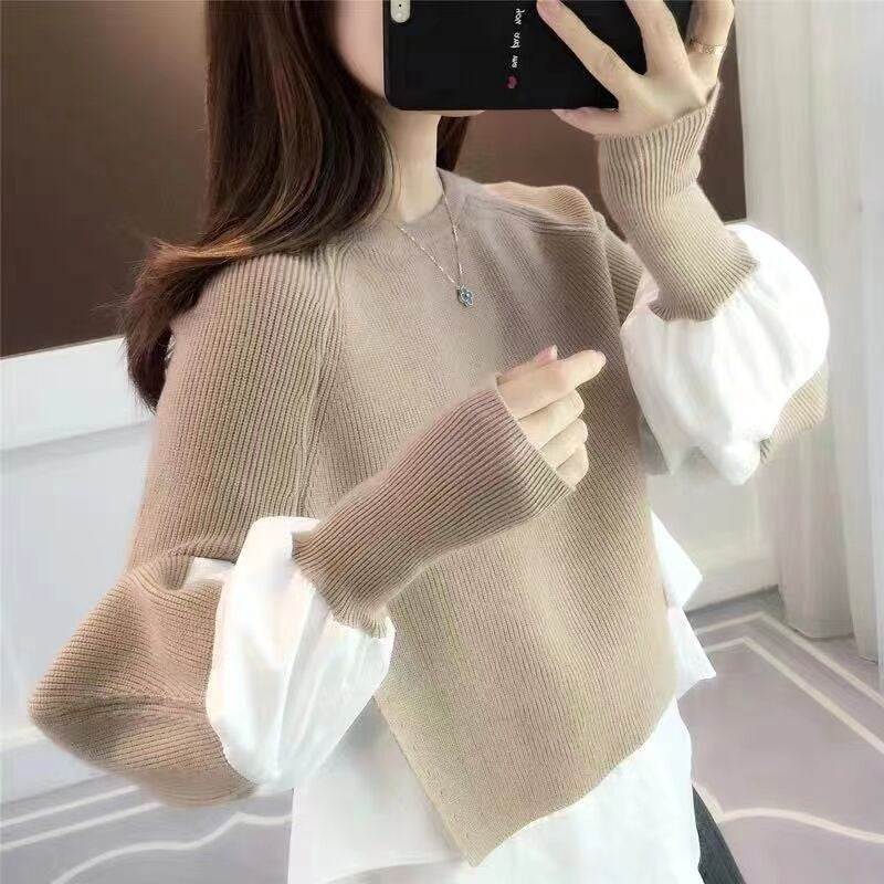 Mock Layered Shirt Sweater Knit Top for Women Autumn Winter Gray - Image 5