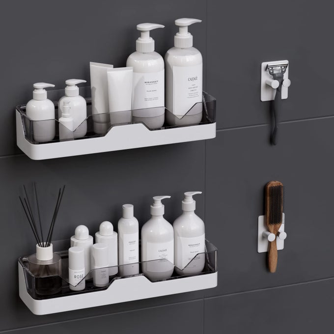 2PACK ADHESIVE SHOWER CADDY SHOWER SHELVES WITH HOOKS NO DRILLING SHOWER RACKS FOR INSIDE SHOWER KITCHEN STORAGE