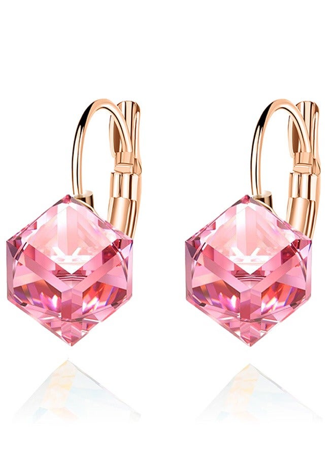 EVEVIC Cube Austrian Crystal Drop Leverback Earrings for Women Fashion 14K Rose Gold Plated Hypoallergenic Jewelry - Image 1