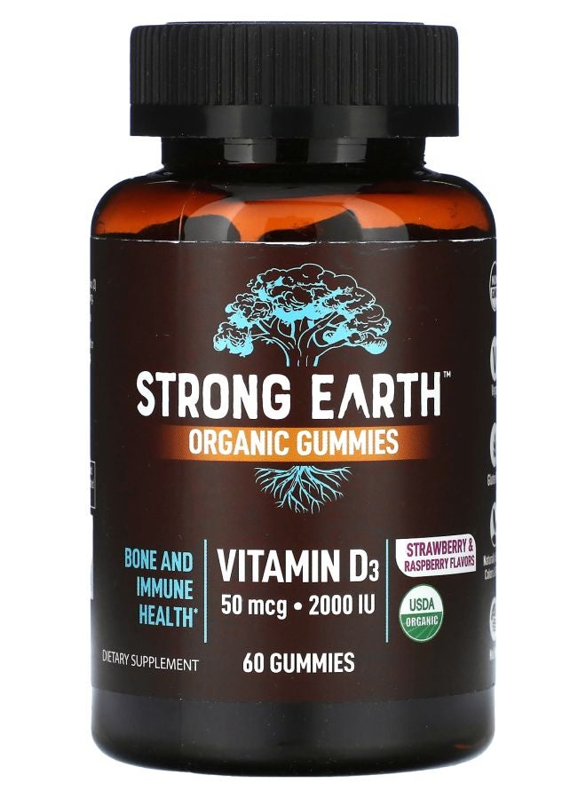 Strong Earth Organic Gummies Vitamin D3 Strawberry Raspberry 2000 IU 60 Gummies (25 mcg (1000 IU) per Gummy)