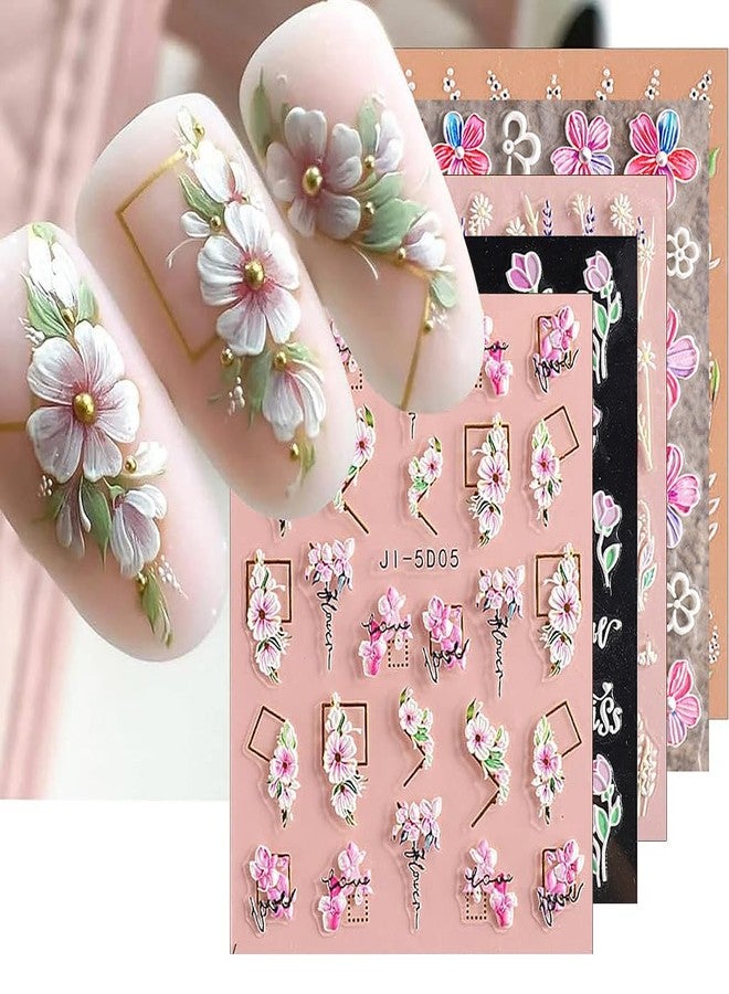 MAYCREATE® 5 Sheets Nail Art Decor Stickers 3D Embossed Flower Charms for Nail Art 5 Styles Flower Nail Charm Sticker for DIY Nail Extension Self-Adhesive Nail Art Decals - Image 1