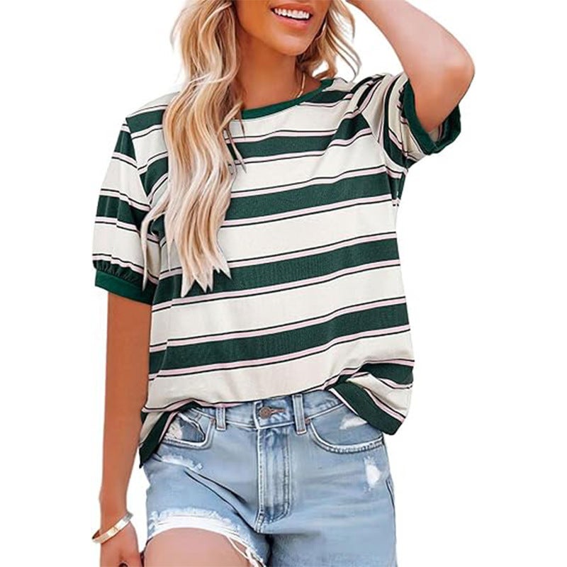 Tiktoktemu Women'S Stripe Fashion Casual Loose Crewneck T-Shirt - Image 1