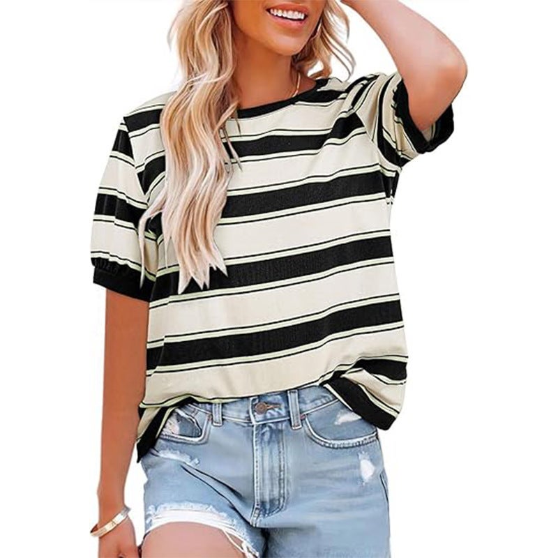 Tiktoktemu Women'S Stripe Fashion Casual Loose Crewneck T-Shirt - Image 4