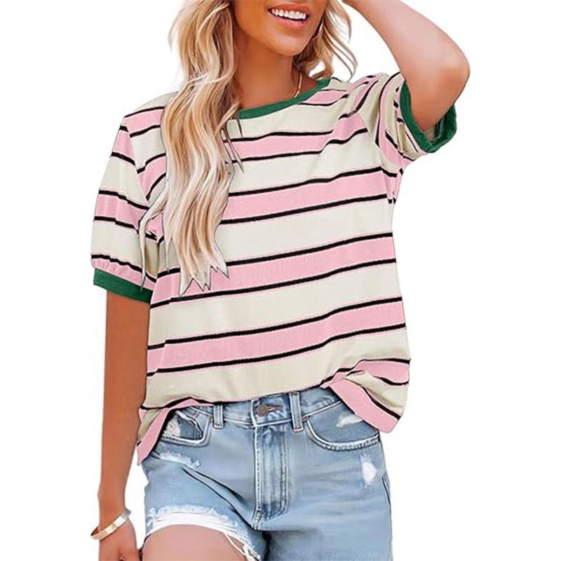 Tiktoktemu Women'S Stripe Fashion Casual Loose Crewneck T-Shirt - Image 3