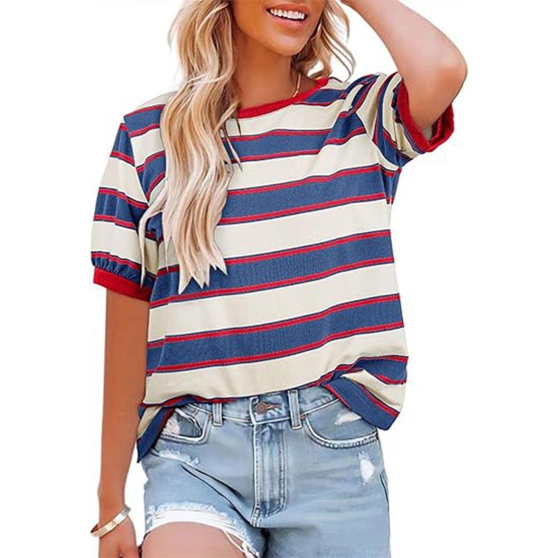 Tiktoktemu Women'S Stripe Fashion Casual Loose Crewneck T-Shirt - Image 5