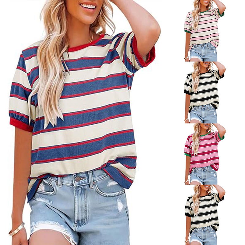 Tiktoktemu Women'S Stripe Fashion Casual Loose Crewneck T-Shirt - Image 2