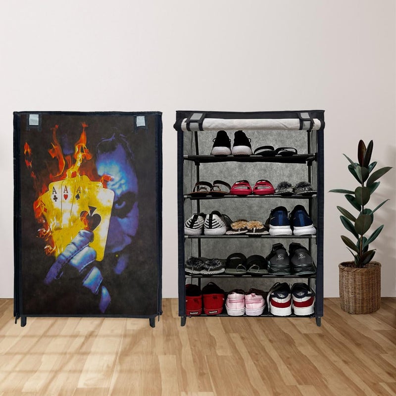 PHILOSHOP PHILOSHOP Multipurpose 5 Layer Joker Printed Storage Organizer with Cover Foldable Shoe Stand Shoe Cabinets Shoe Rack for Kids Dark Blue Metal - Image 1