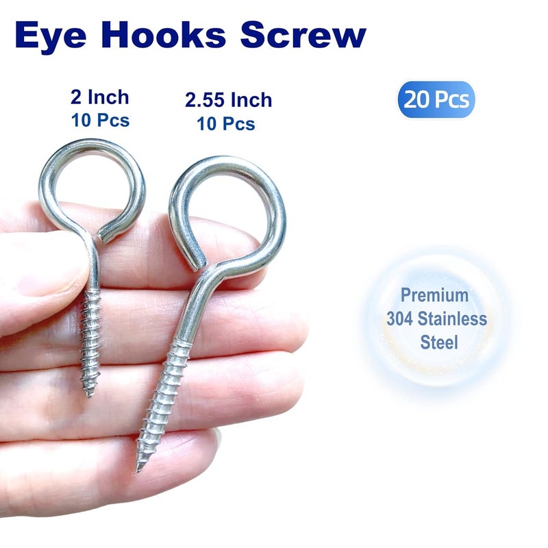 LBYNKY 20 PCS Eye Screws 2.55 Inch & 2 Inch Stainless Steel Eye Hooks Screw, Heavy Duty Screw Eyes for Wood, Eye Bolt for Hanging Secure Cable Wires, Indoor & Outdoor Use, 2 Sizes - Image 2