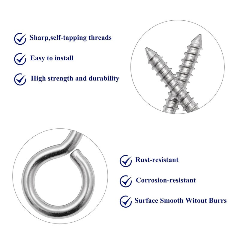 LBYNKY 20 PCS Eye Screws 2.55 Inch & 2 Inch Stainless Steel Eye Hooks Screw, Heavy Duty Screw Eyes for Wood, Eye Bolt for Hanging Secure Cable Wires, Indoor & Outdoor Use, 2 Sizes - Image 5