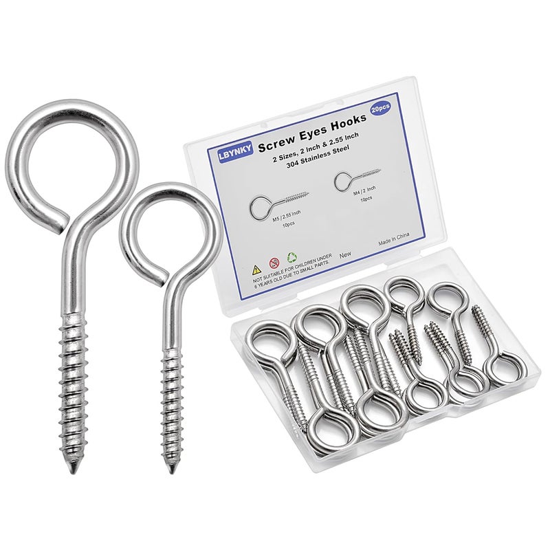 LBYNKY 20 PCS Eye Screws 2.55 Inch & 2 Inch Stainless Steel Eye Hooks Screw, Heavy Duty Screw Eyes for Wood, Eye Bolt for Hanging Secure Cable Wires, Indoor & Outdoor Use, 2 Sizes - Image 1