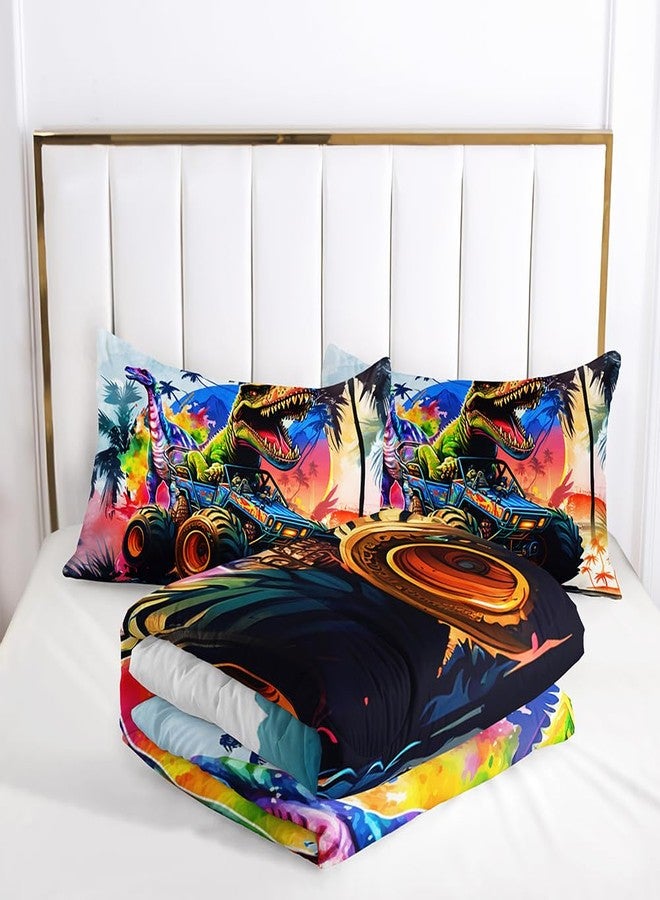 Suncloris Cartoon Monster Truck Comforter Set for Kids Teens, Twin Size Watercolor Roaring Dinosaurs Car Bedding Quilt with 2 Extreme Sport Trucks Themed Pillowcases - 68" x 86" (Watercolor, Twin) - Image 4