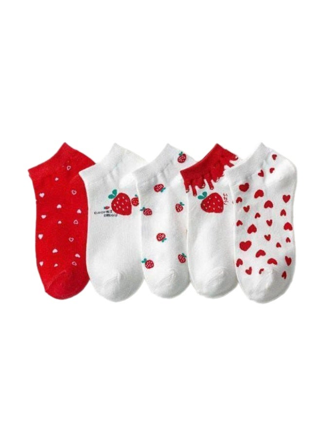 "SMARTEDGE Women's Short Socks, Hearts and Strawberries Masterpiece Decent Closure, Ankle Length, Summer Low Cut, New Design, 5 Pairs, Multicolor.