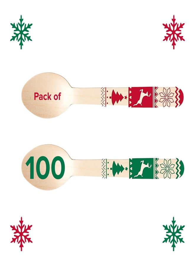 Concession Essentials Disposable Wooden Spoons, Compostable and Earth Friendly, 6.25 Inch Length. Christmas Design in Red and Green. Pack of 100 Spoons - Image 1
