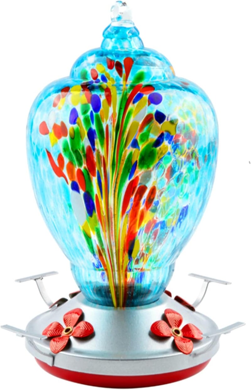 WOSIBO Hummingbird Feeder for Outdoors Patio Large 34 Ounces Colorful Hand Blown Glass Hummingbird Feeder with Ant Moat Hanging Hook, Rope, Brush and Service Card (Blue-Firework) - Image 1