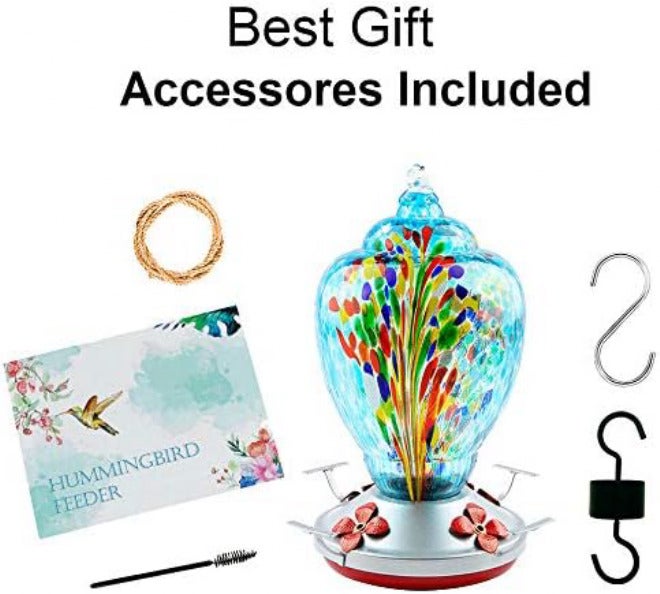 WOSIBO Hummingbird Feeder for Outdoors Patio Large 34 Ounces Colorful Hand Blown Glass Hummingbird Feeder with Ant Moat Hanging Hook, Rope, Brush and Service Card (Blue-Firework) - Image 4