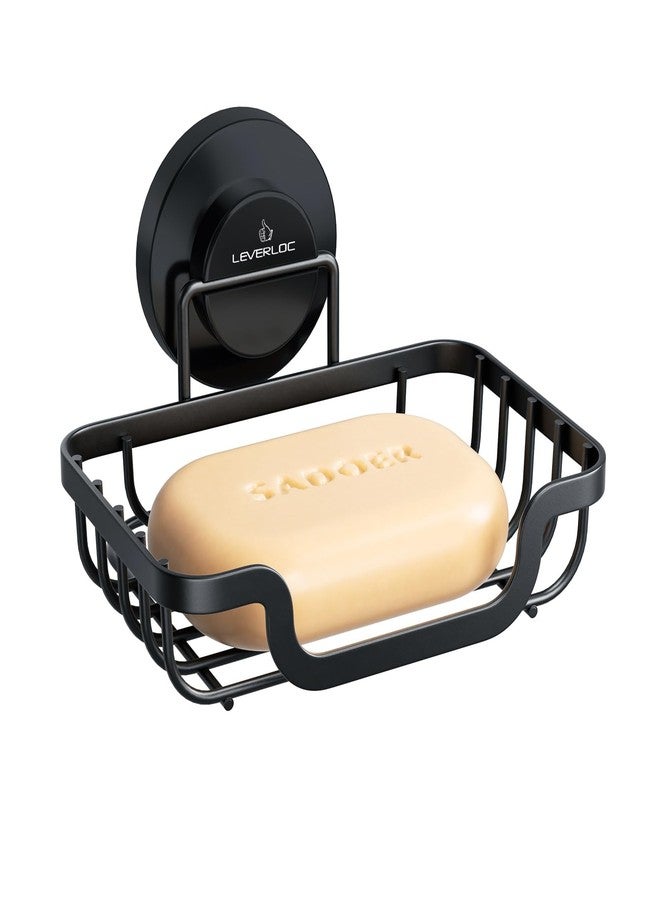 LEVERLOC Soap Dish, Soap Bar Holder for Shower Suction Cup Wall Mounted, Stainless Steel No-Drilling Removable Waterproof Sponge Holder for Bathroom Bathtub Kitchen Sink, Keep Dry, Black - Image 1