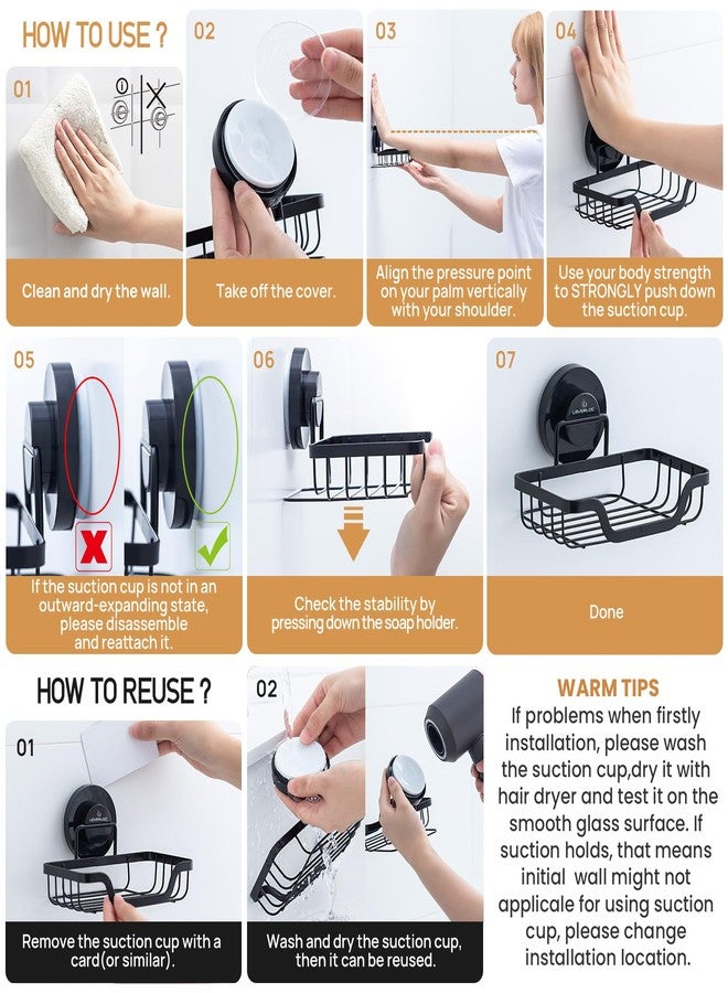 LEVERLOC Soap Dish, Soap Bar Holder for Shower Suction Cup Wall Mounted, Stainless Steel No-Drilling Removable Waterproof Sponge Holder for Bathroom Bathtub Kitchen Sink, Keep Dry, Black - Image 5