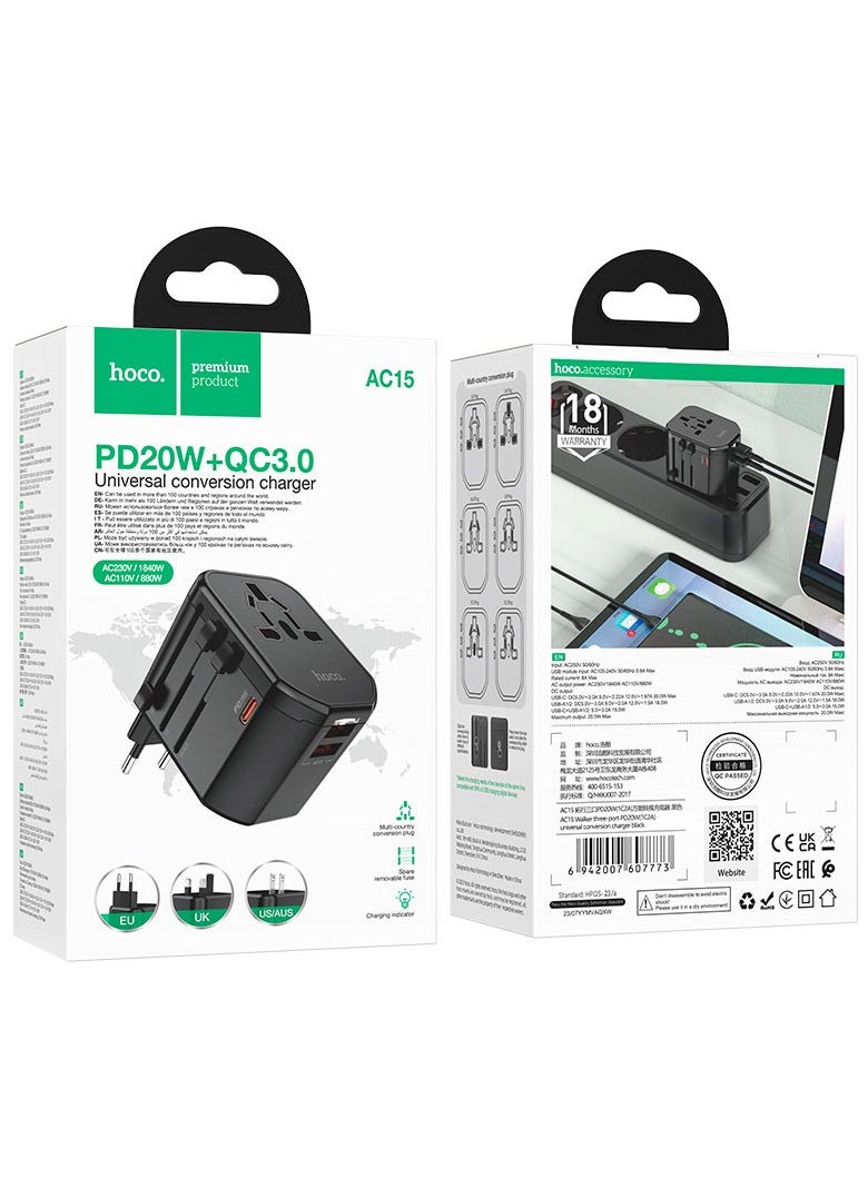 Hoco - AC15 Walker Three-Port PD20W 1C2A Universal Conversion Charger With Fast Charging USB-C & USB-A Ports for Phones, Tablets And Laptops - Black - Image 1