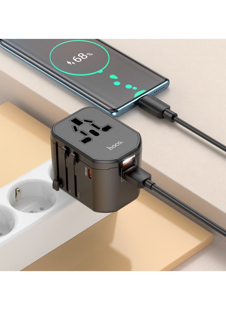 Hoco - AC15 Walker Three-Port PD20W 1C2A Universal Conversion Charger With Fast Charging USB-C & USB-A Ports for Phones, Tablets And Laptops - Black - Image 1