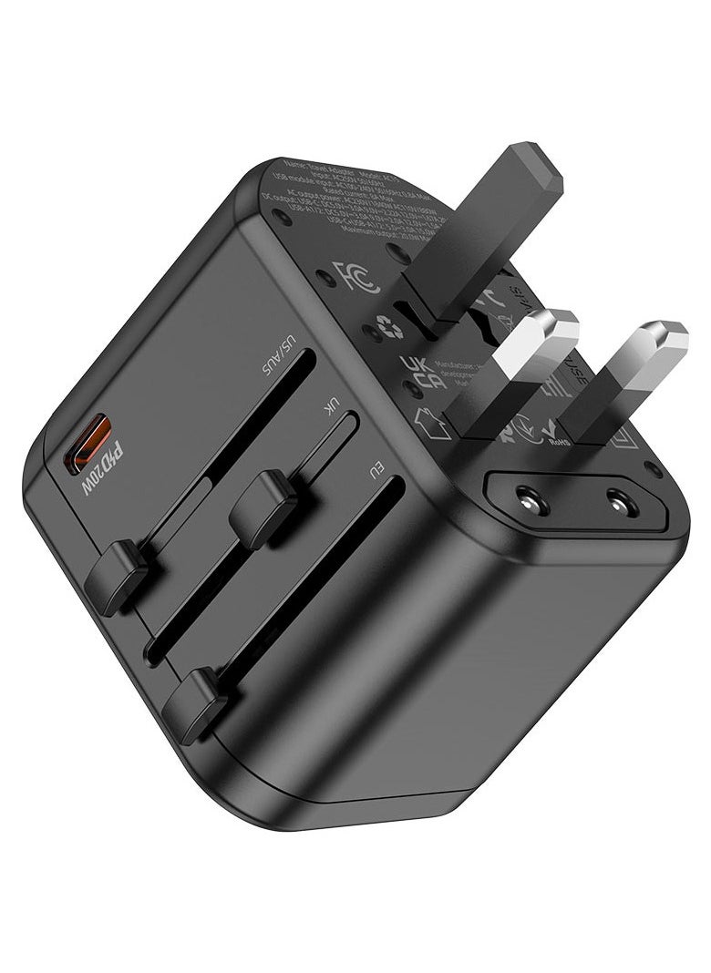 Hoco - AC15 Walker Three-Port PD20W 1C2A Universal Conversion Charger With Fast Charging USB-C & USB-A Ports for Phones, Tablets And Laptops - Black - Image 1