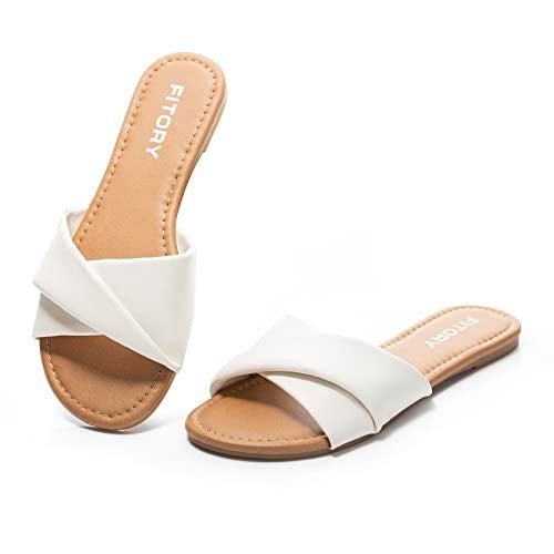 FITORY Women's Flat Sandals Fashion Slides With Soft Leather Slippers for Summer White Size 11 - Image 4