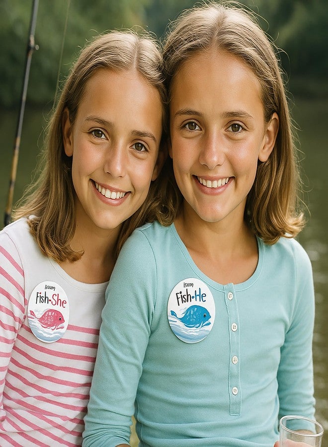 DISTINCTIVS Fishing Themed Baby Gender Reveal Party Pink or Blue Fish Team He or Team She Stickers - 40 Labels - Image 5