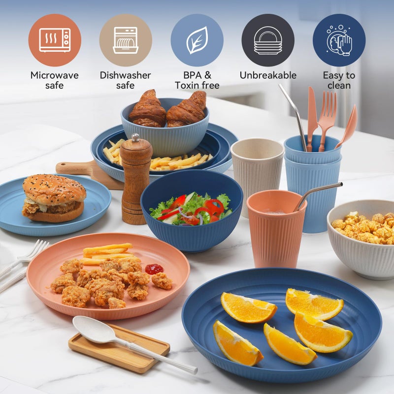 HOMMALY Wheat Straw Dinnerware Sets,64-Piece Plates and Bowls Sets for 8-Unbreakable,Reusable Plastic Dish Set-Dinner Plate/Dessert Plate/Cereal Bowl/Cup/Utensils-Microwavable Dishwasher Safe 64P-Deep Blue - Image 5