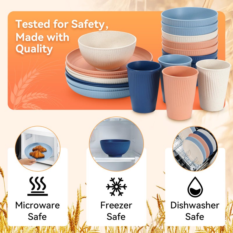 HOMMALY Wheat Straw Dinnerware Sets,64-Piece Plates and Bowls Sets for 8-Unbreakable,Reusable Plastic Dish Set-Dinner Plate/Dessert Plate/Cereal Bowl/Cup/Utensils-Microwavable Dishwasher Safe 64P-Deep Blue - Image 3
