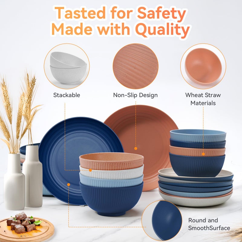 HOMMALY Wheat Straw Dinnerware Sets,64-Piece Plates and Bowls Sets for 8-Unbreakable,Reusable Plastic Dish Set-Dinner Plate/Dessert Plate/Cereal Bowl/Cup/Utensils-Microwavable Dishwasher Safe 64P-Deep Blue - Image 4