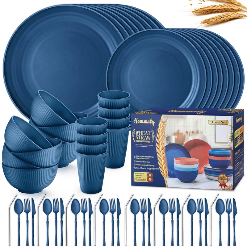 HOMMALY Wheat Straw Dinnerware Sets,64-Piece Plates and Bowls Sets for 8-Unbreakable,Reusable Plastic Dish Set-Dinner Plate/Dessert Plate/Cereal Bowl/Cup/Utensils-Microwavable Dishwasher Safe 64P-Deep Blue - Image 1