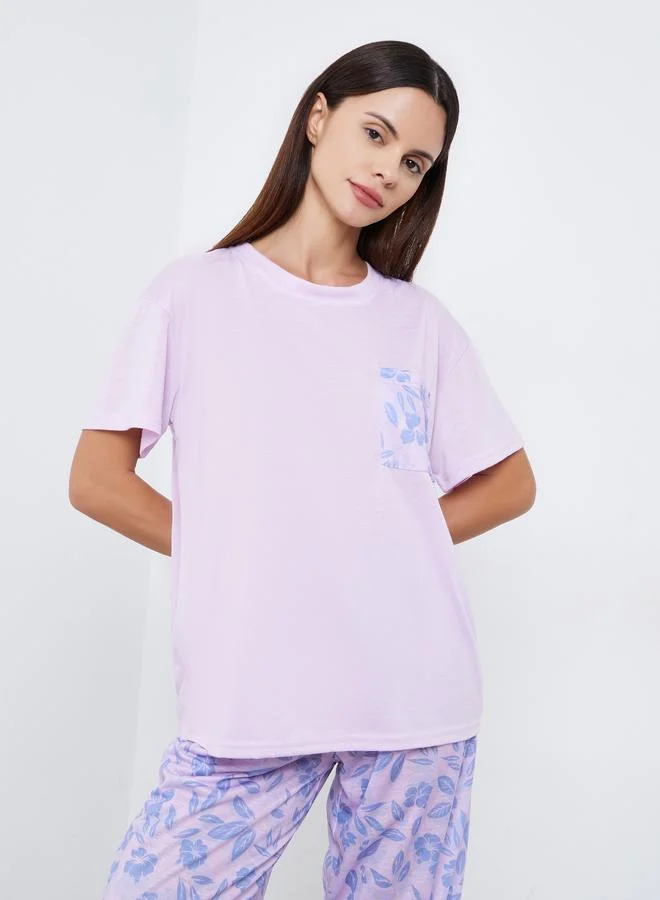 Styli Floral Print Pocket Drop Shoulder T-Shirt and Pyjama Set