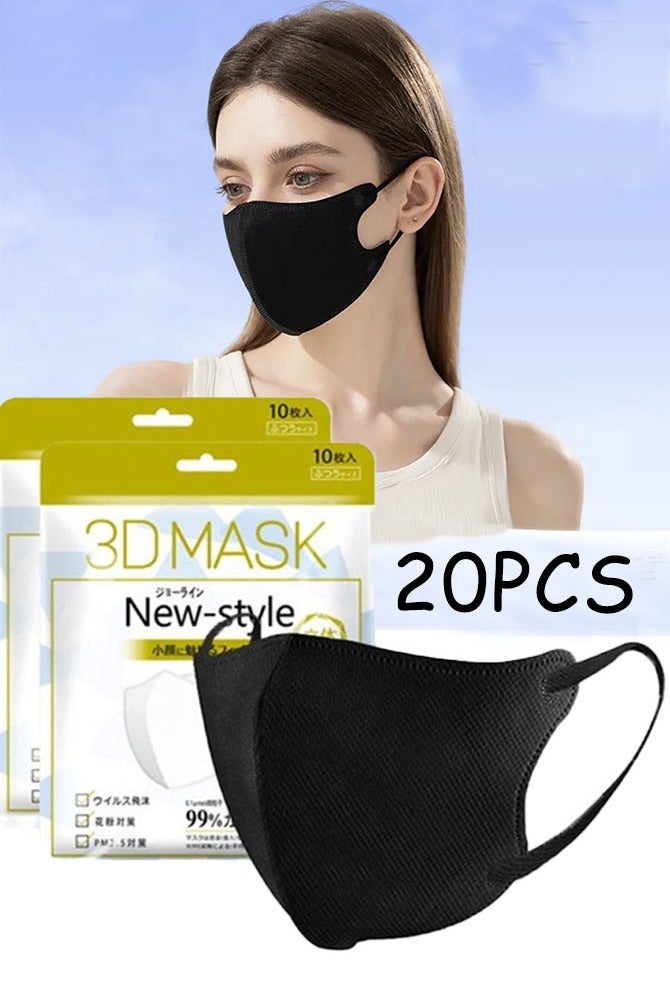 Generic 20 PCS 3D Disposable Adult Face Masks, 3-Layer Meltblown Filter Black Masks with Elastic Earloops - Image 1