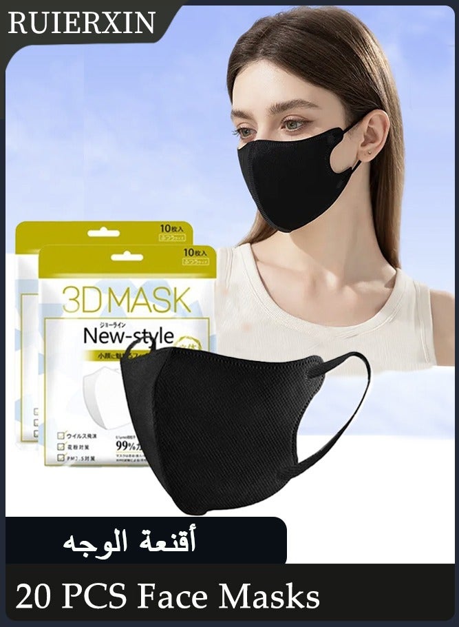 رويركسين 20 قطعة كمامة وجه سوداء 3D يمكن التخلص منها, 3 طبقات فلتر ميلت بلون، مريحة مع أقراط مرنة ومشبك أنف قابل للتعديل للحماية اليومية - Image 1