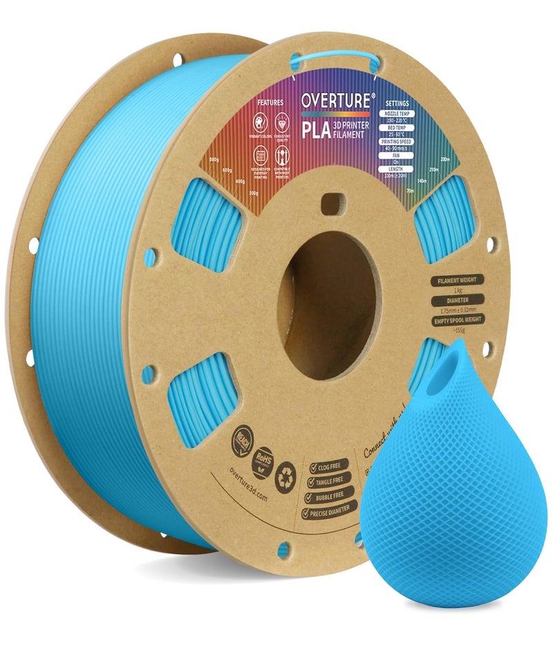 OVERTURE PLA Filament 1.75mm, Neatly Wound 3D Printer Filament 1kg Spool (2.2lbs), Dimensional Accuracy +/- 0.02 mm, Fit Most FDM 3D Printers (Light Blue) - Image 1