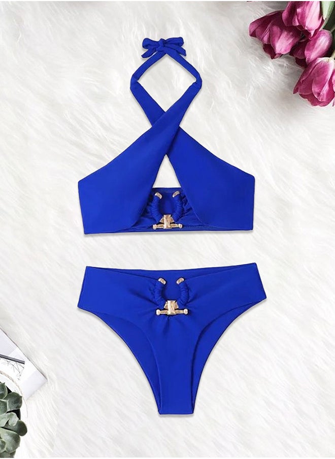 MARGOUN - Women Large Size Swimsuit Cross Swimwear Bikinis Set Metal Connected Bathing Suit Bikini Strap Solid Split High Waist Bikini Swimwear Blue / L(Bust 88-96/Waist 70-76/Hip 94-102) - Image 1