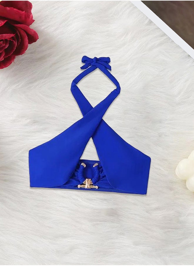 MARGOUN - Women Large Size Swimsuit Cross Swimwear Bikinis Set Metal Connected Bathing Suit Bikini Strap Solid Split High Waist Bikini Swimwear Blue / L(Bust 88-96/Waist 70-76/Hip 94-102) - Image 1