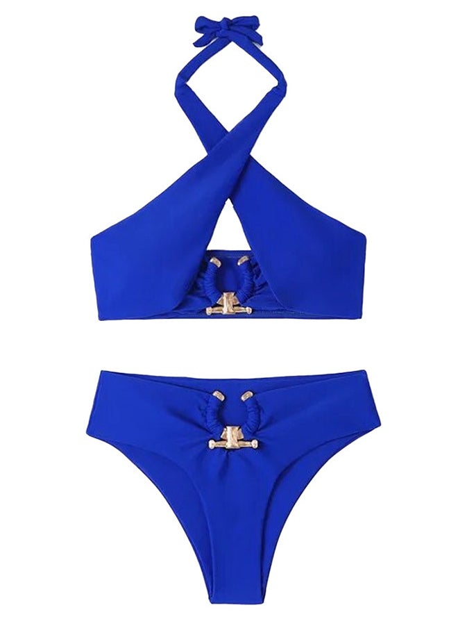 MARGOUN - Women Large Size Swimsuit Cross Swimwear Bikinis Set Metal Connected Bathing Suit Bikini Strap Solid Split High Waist Bikini Swimwear Blue / L(Bust 88-96/Waist 70-76/Hip 94-102) - Image 1
