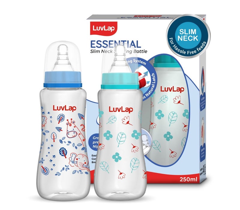 LuvLap Anti-Colic Slim/Regular Neck Essential Baby Plastic Feeding Bottle, 250Ml (Pack of 2), New Born/Infants/Toddler Upto 3 Years, Jungle Tales & Wild Flowers, BPA Free,Blue - Image 1